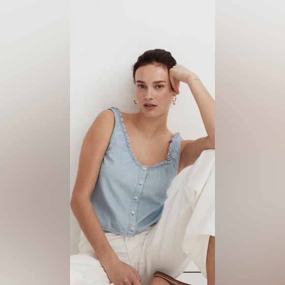 Denim Ruffled U-Neck Crop Top XL - Picture 2 of 8